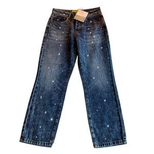 NWT SR vs Sandrine Rose Polka Blue Straight Fit Denim Jeans Cropped Cotton 27